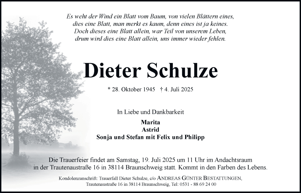  Traueranzeige für Dieter Schulze vom 12.07.2025 aus Braunschweiger Zeitung