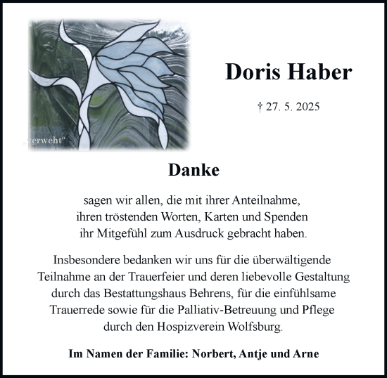 Traueranzeige von Doris Haber von Braunschweiger Zeitung, Wolfsburger Nachrichten