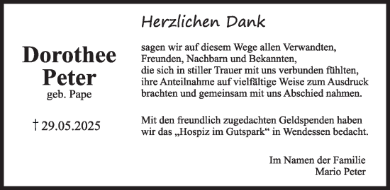 Traueranzeige von Dorothee Peter von Wolfenbütteler Zeitung