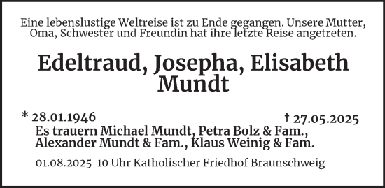 Traueranzeige von Edeltraud, Josepha, Elisabeth Mundt von Braunschweiger Zeitung
