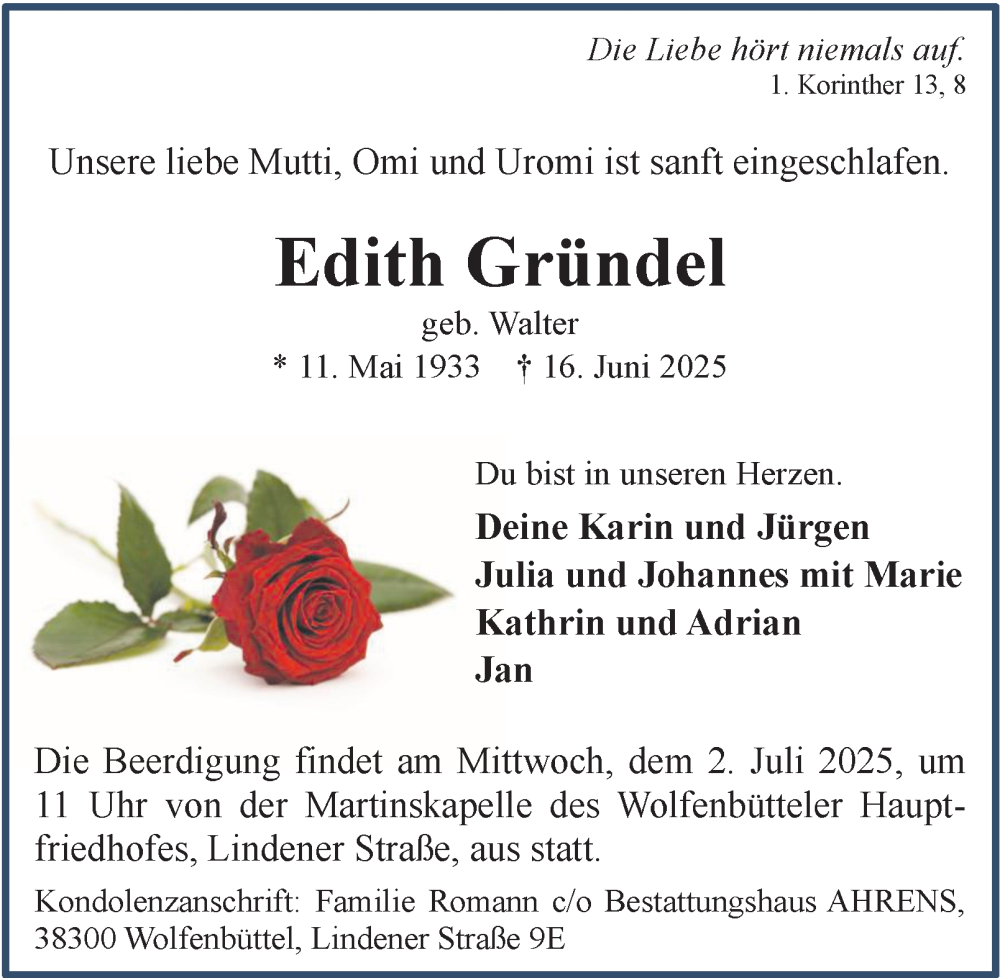  Traueranzeige für Edith Gründel vom 28.06.2025 aus Wolfenbütteler Zeitung
