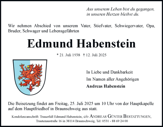 Traueranzeige von Edmund Habenstein von Braunschweiger Zeitung