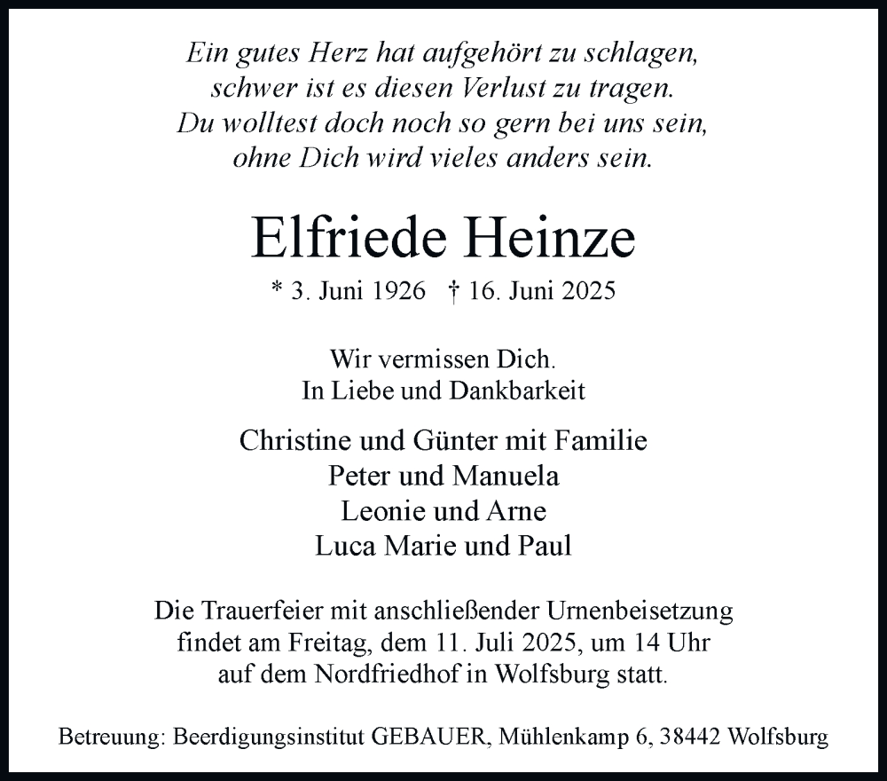  Traueranzeige für Elfriede Heinze vom 28.06.2025 aus Braunschweiger Zeitung, Wolfsburger Nachrichten