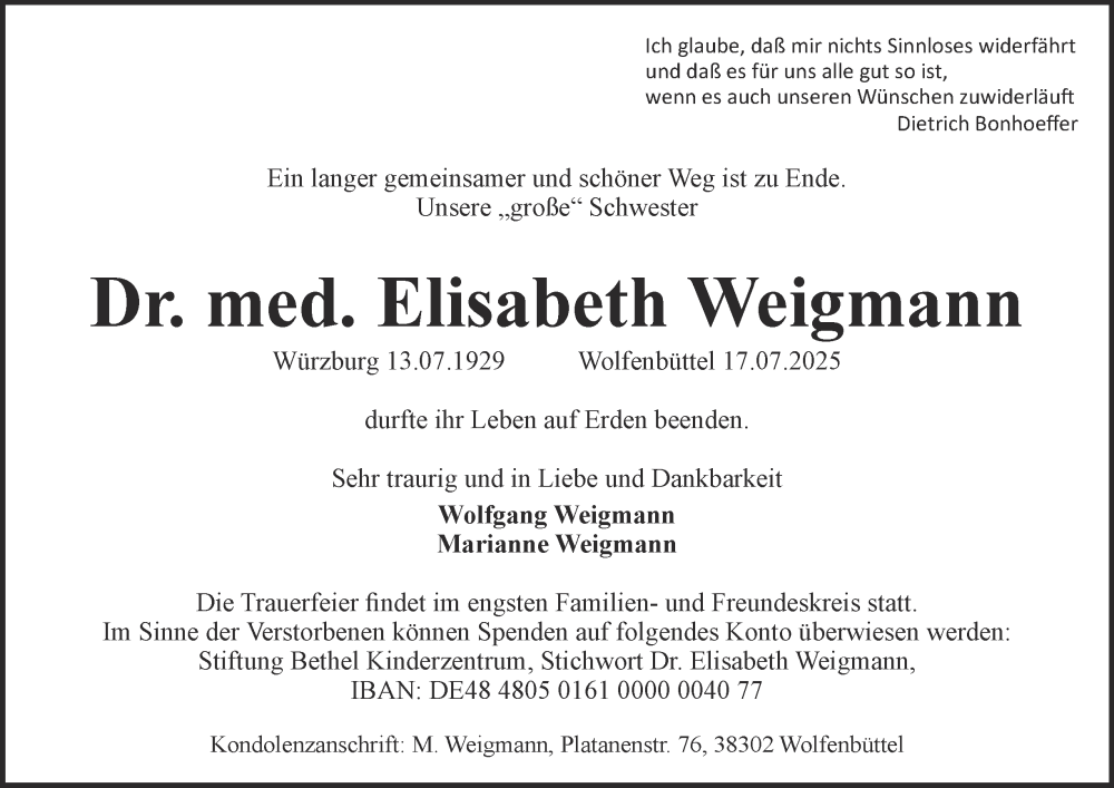 Traueranzeige für Elisabeth Weigmann vom 26.07.2025 aus Braunschweiger Zeitung