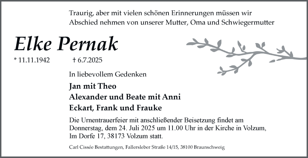  Traueranzeige für Elke Pernak vom 19.07.2025 aus Braunschweiger Zeitung