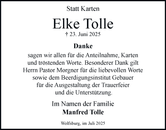 Traueranzeige von Elke Tolle von Braunschweiger Zeitung, Wolfsburger Nachrichten