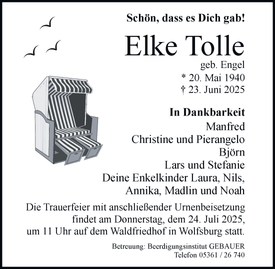Traueranzeige von Elke Tolle von Braunschweiger Zeitung, Wolfsburger Nachrichten