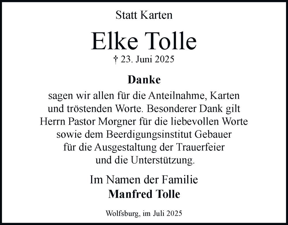  Traueranzeige für Elke Tolle vom 26.07.2025 aus Braunschweiger Zeitung, Wolfsburger Nachrichten
