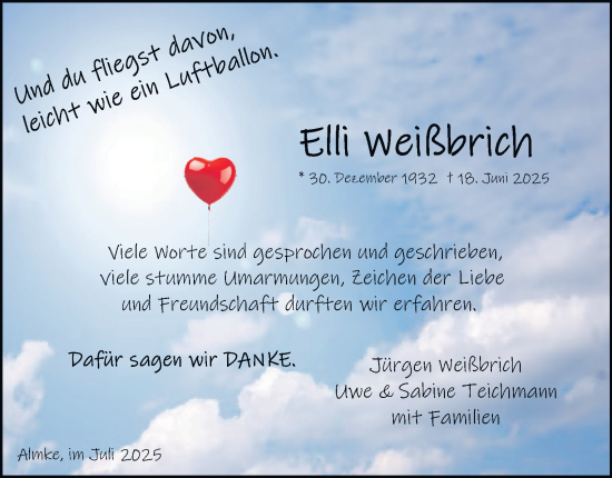 Traueranzeige von Elli Weißbrich von Braunschweiger Zeitung, Wolfsburger Nachrichten