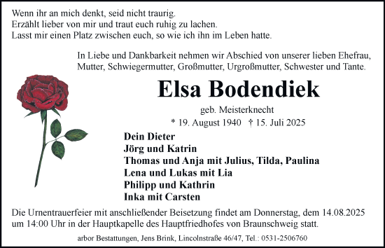 Traueranzeige von Elsa Bodendiek von Braunschweiger Zeitung