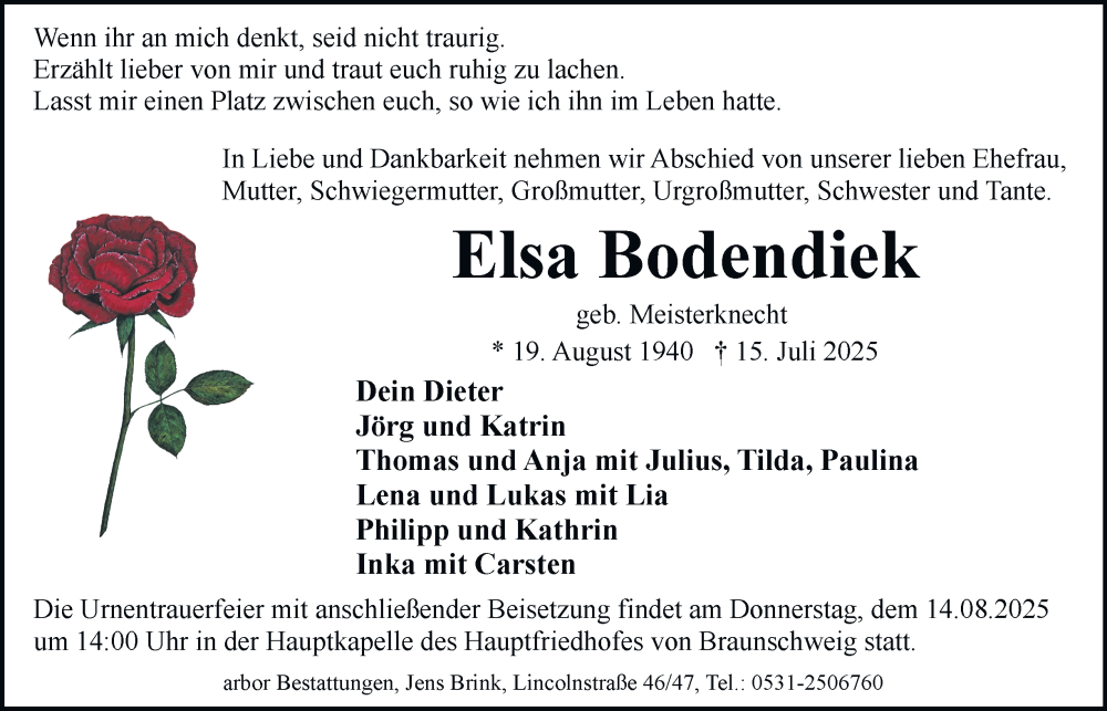  Traueranzeige für Elsa Bodendiek vom 26.07.2025 aus Braunschweiger Zeitung
