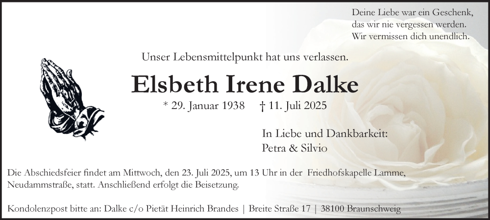  Traueranzeige für Elsbeth Irene Dalke vom 19.07.2025 aus Braunschweiger Zeitung
