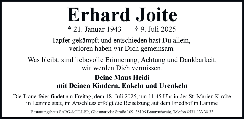  Traueranzeige für Erhard Joite vom 12.07.2025 aus Braunschweiger Zeitung