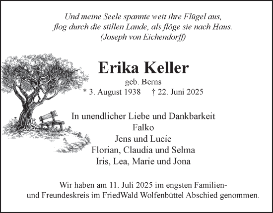 Traueranzeige von Erika Keller von Wolfenbütteler Zeitung