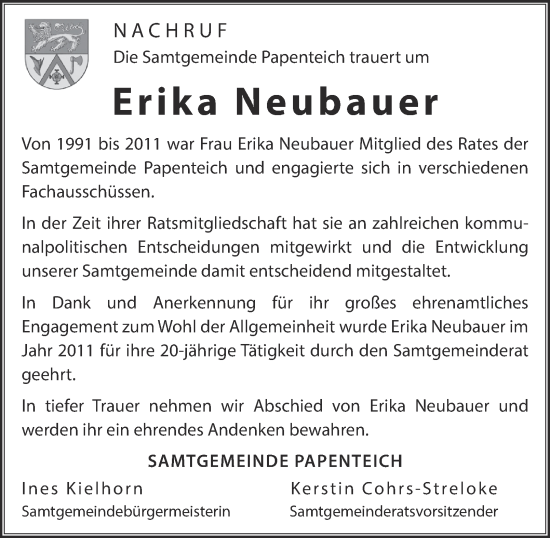 Traueranzeige von Erika Neubauer 