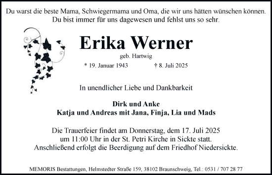 Traueranzeige von Erika Werner von Wolfenbütteler Zeitung