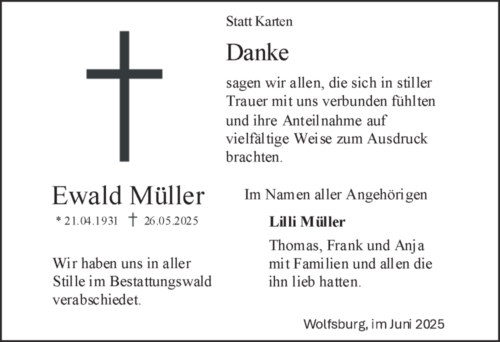  Traueranzeige für Ewald Müller vom 05.07.2025 aus Braunschweiger Zeitung, Wolfsburger Nachrichten