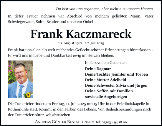 Traueranzeige von Frank Kaczmareck von Braunschweiger Zeitung