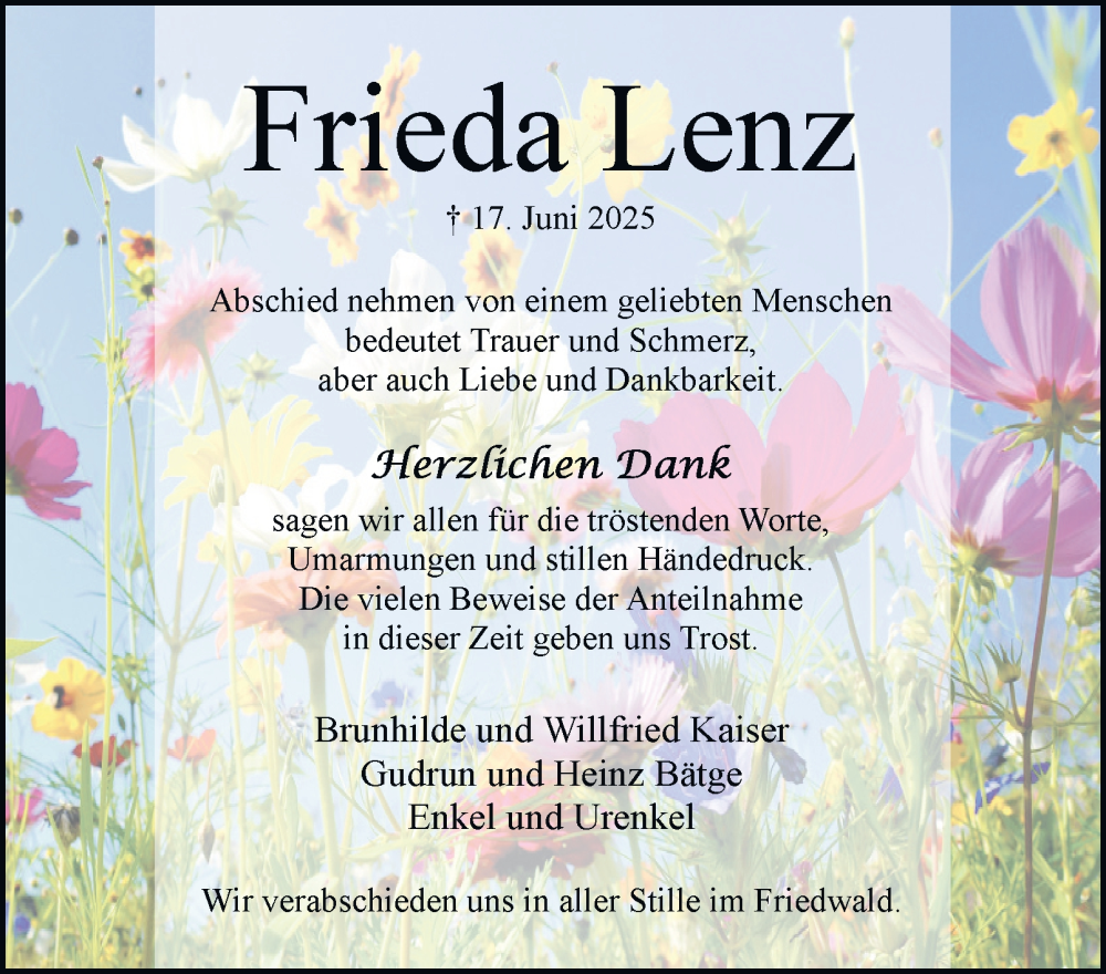  Traueranzeige für Frieda Lenz vom 12.07.2025 aus Braunschweiger Zeitung, Wolfsburger Nachrichten
