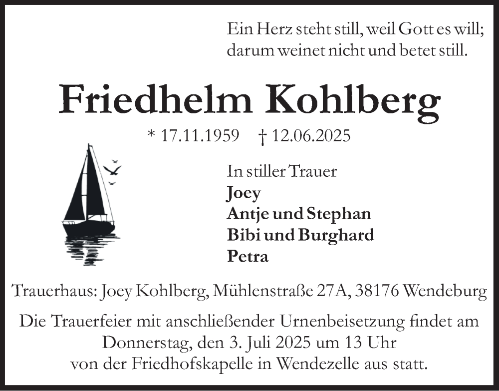  Traueranzeige für Friedhelm Kohlberg vom 28.06.2025 aus Peiner Nachrichten