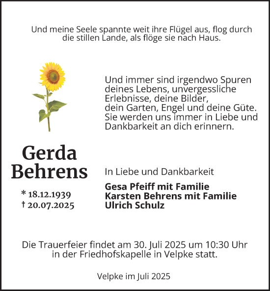 Traueranzeige von Gerda Behrens von Braunschweiger Zeitung, Wolfsburger Nachrichten