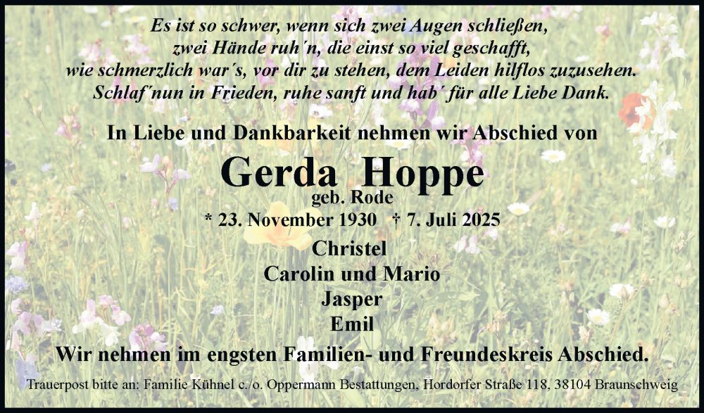  Traueranzeige für Gerda Hoppe vom 12.07.2025 aus Braunschweiger Zeitung