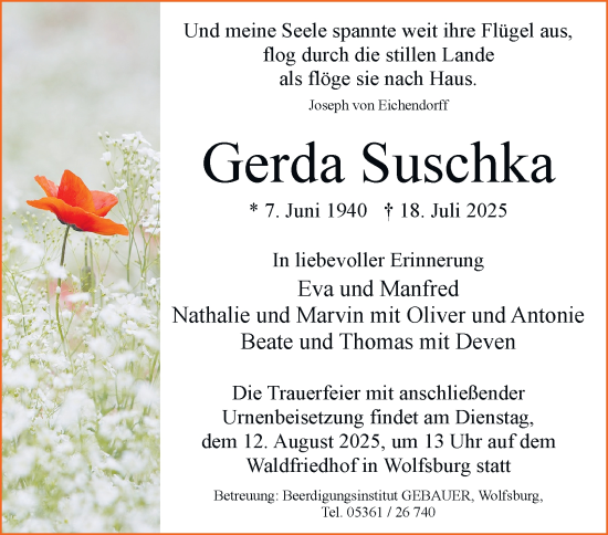 Traueranzeige von Gerda Suschka von Braunschweiger Zeitung, Wolfsburger Nachrichten