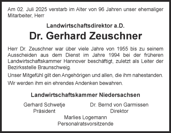Traueranzeige von Gerhard Zeuschner von Wolfenbütteler Zeitung
