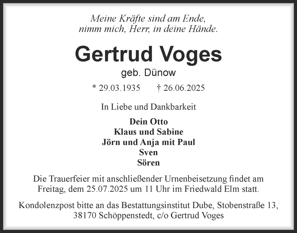  Traueranzeige für Gertrud Voges vom 22.07.2025 aus Wolfenbütteler Zeitung