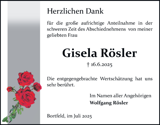 Traueranzeige von Gisela Rösler von Braunschweiger Zeitung