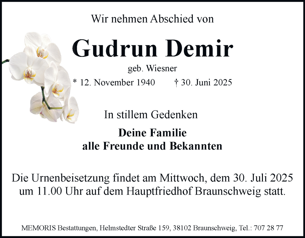  Traueranzeige für Gudrun Demir vom 25.07.2025 aus Braunschweiger Zeitung