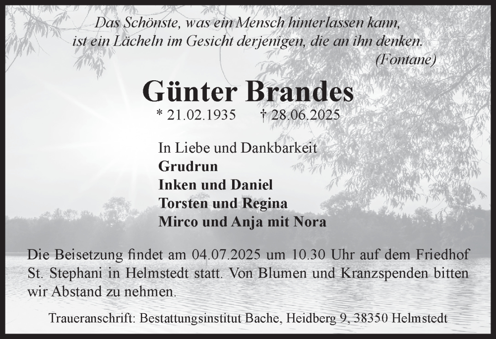  Traueranzeige für Günter Brandes vom 02.07.2025 aus Helmstedter Nachrichten