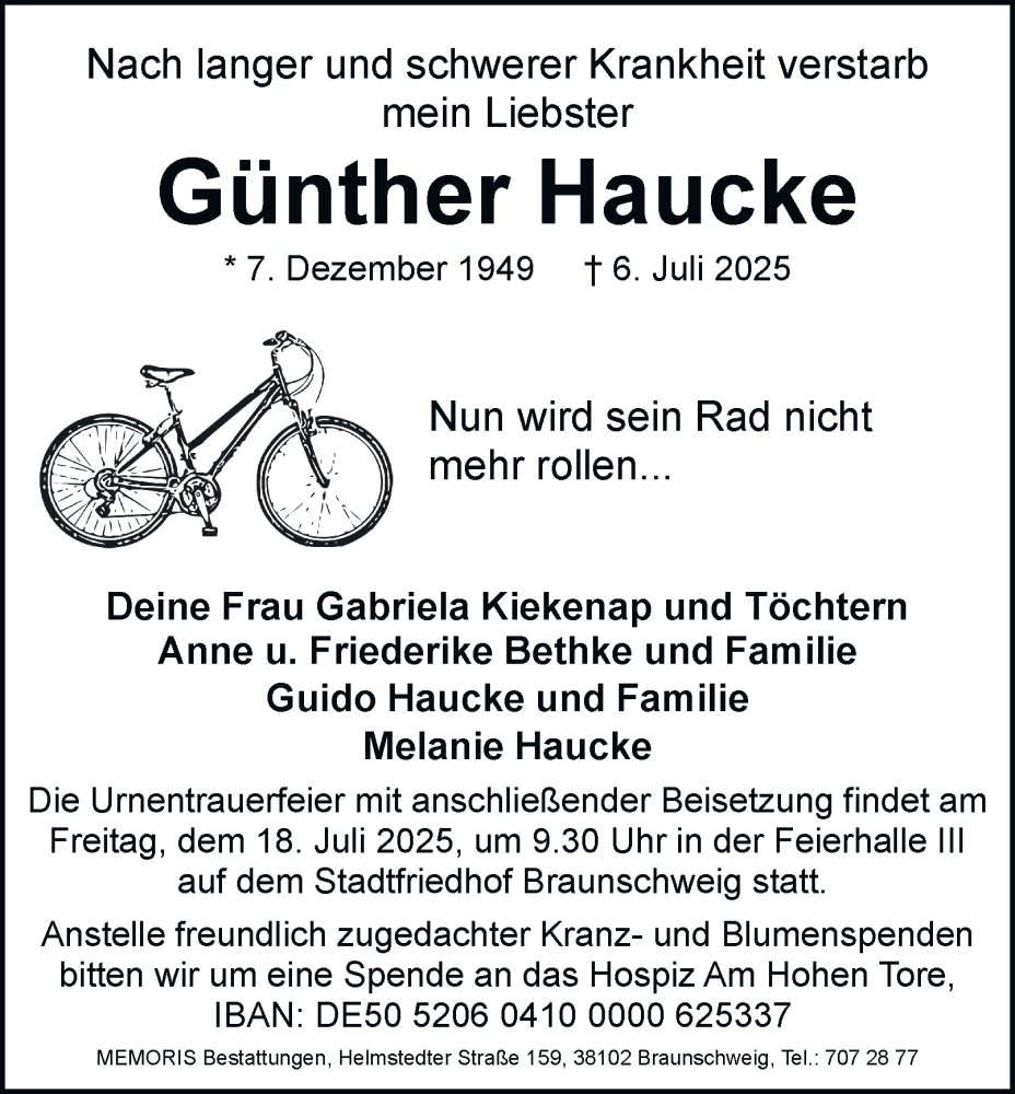  Traueranzeige für Günther Haucke vom 12.07.2025 aus Braunschweiger Zeitung