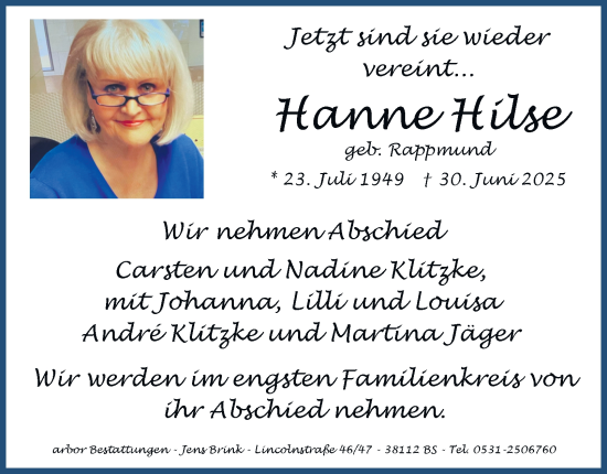 Traueranzeige von Hanne Hilse von Braunschweiger Zeitung