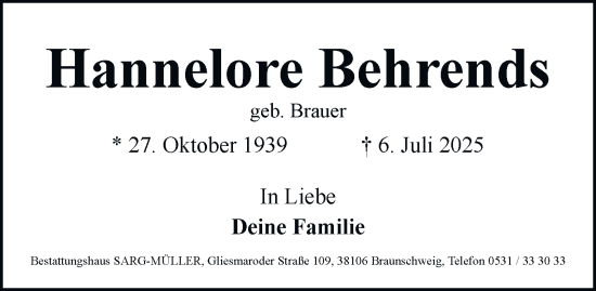 Traueranzeige von Hannelore Behrends von Braunschweiger Zeitung