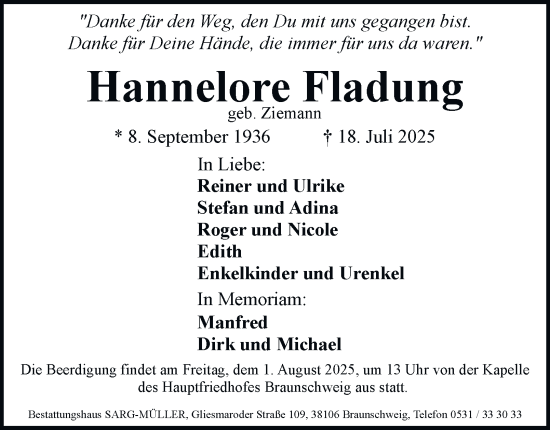 Traueranzeige von Hannelore Fladung von Braunschweiger Zeitung