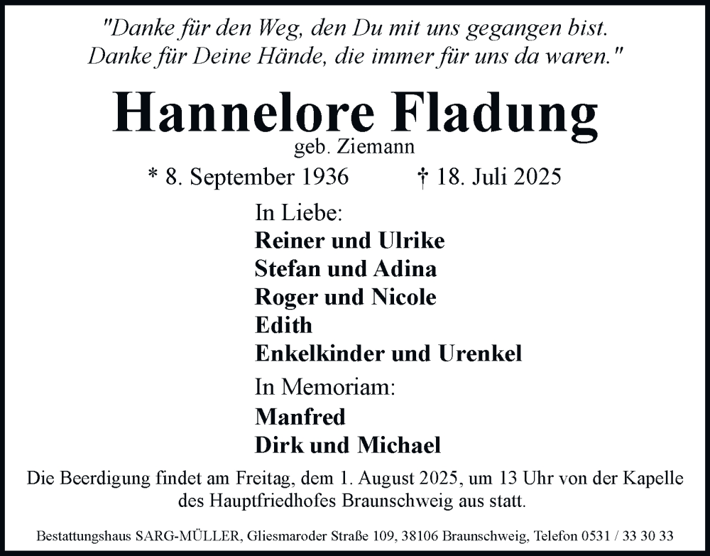  Traueranzeige für Hannelore Fladung vom 26.07.2025 aus Braunschweiger Zeitung
