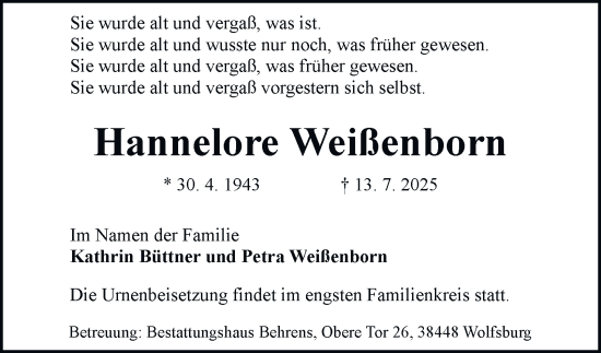 Traueranzeige von Hannelore Weißenborn von Braunschweiger Zeitung, Wolfsburger Nachrichten