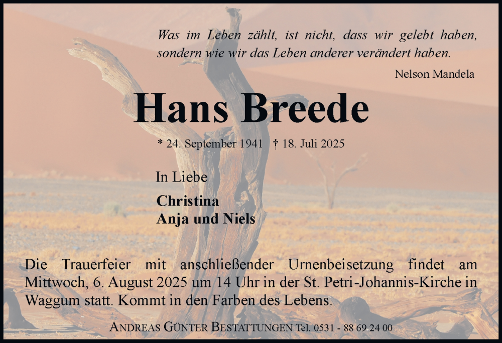  Traueranzeige für Hans Breede vom 26.07.2025 aus Braunschweiger Zeitung