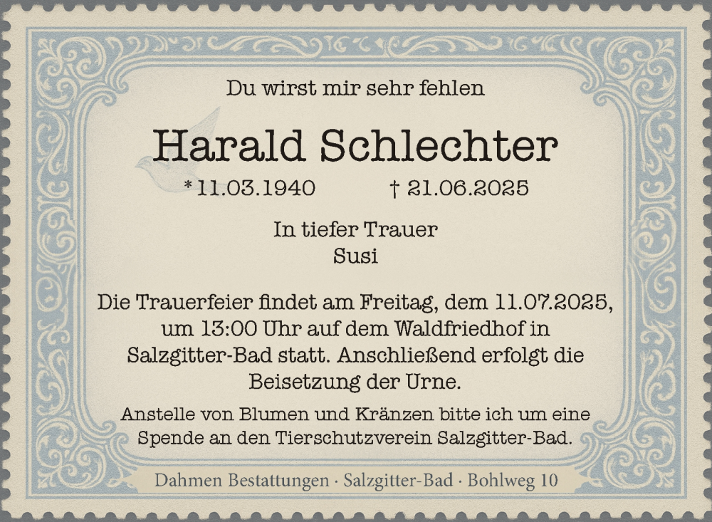  Traueranzeige für Harald Schlechter vom 04.07.2025 aus Salzgitter-Zeitung