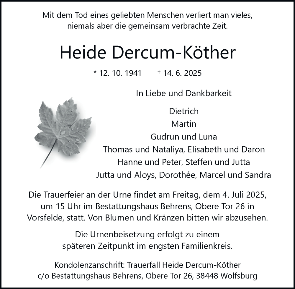  Traueranzeige für Heide Dercum-Köther vom 28.06.2025 aus Braunschweiger Zeitung, Wolfsburger Nachrichten