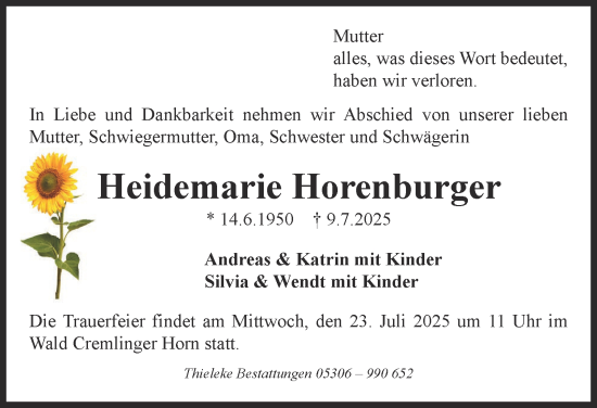 Traueranzeige von Heidemarie Horenburger von Braunschweiger Zeitung