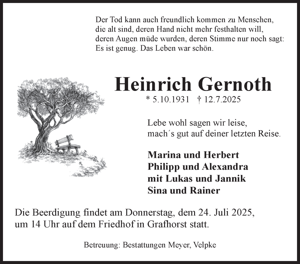  Traueranzeige für Heinrich Gernoth vom 19.07.2025 aus Helmstedter Nachrichten