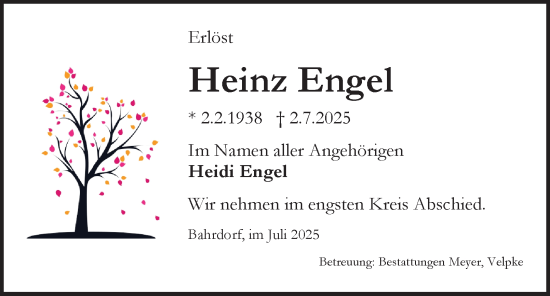 Traueranzeige von Heinz Engel von Helmstedter Nachrichten