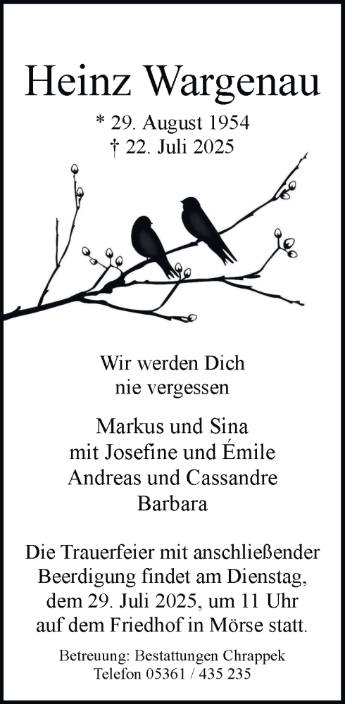 Traueranzeige von Heinz Wargenau von Braunschweiger Zeitung, Wolfsburger Nachrichten