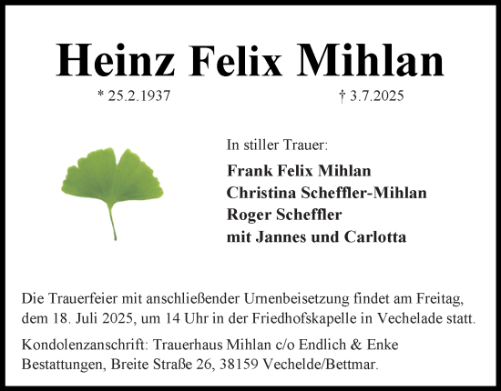 Traueranzeige von Heinz Felix Mihlan von Braunschweiger Zeitung