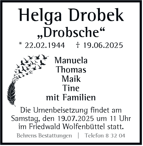 Traueranzeige von Helga Drobek von Braunschweiger Zeitung