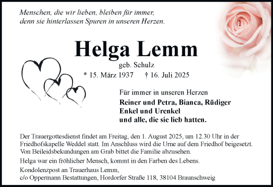 Traueranzeige von Helga Lemm von Braunschweiger Zeitung