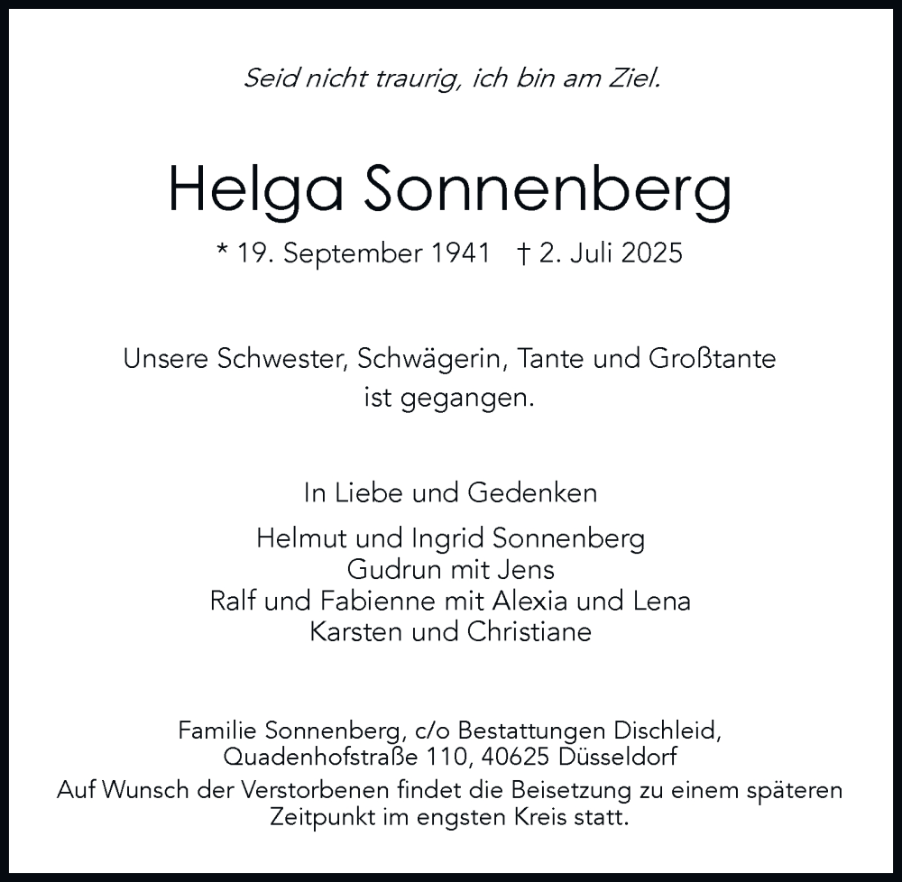  Traueranzeige für Helga Sonnenberg vom 26.07.2025 aus Braunschweiger Zeitung