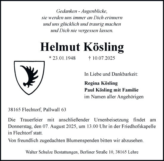 Traueranzeige von Helmut Kösling von Braunschweiger Zeitung, Wolfsburger Nachrichten